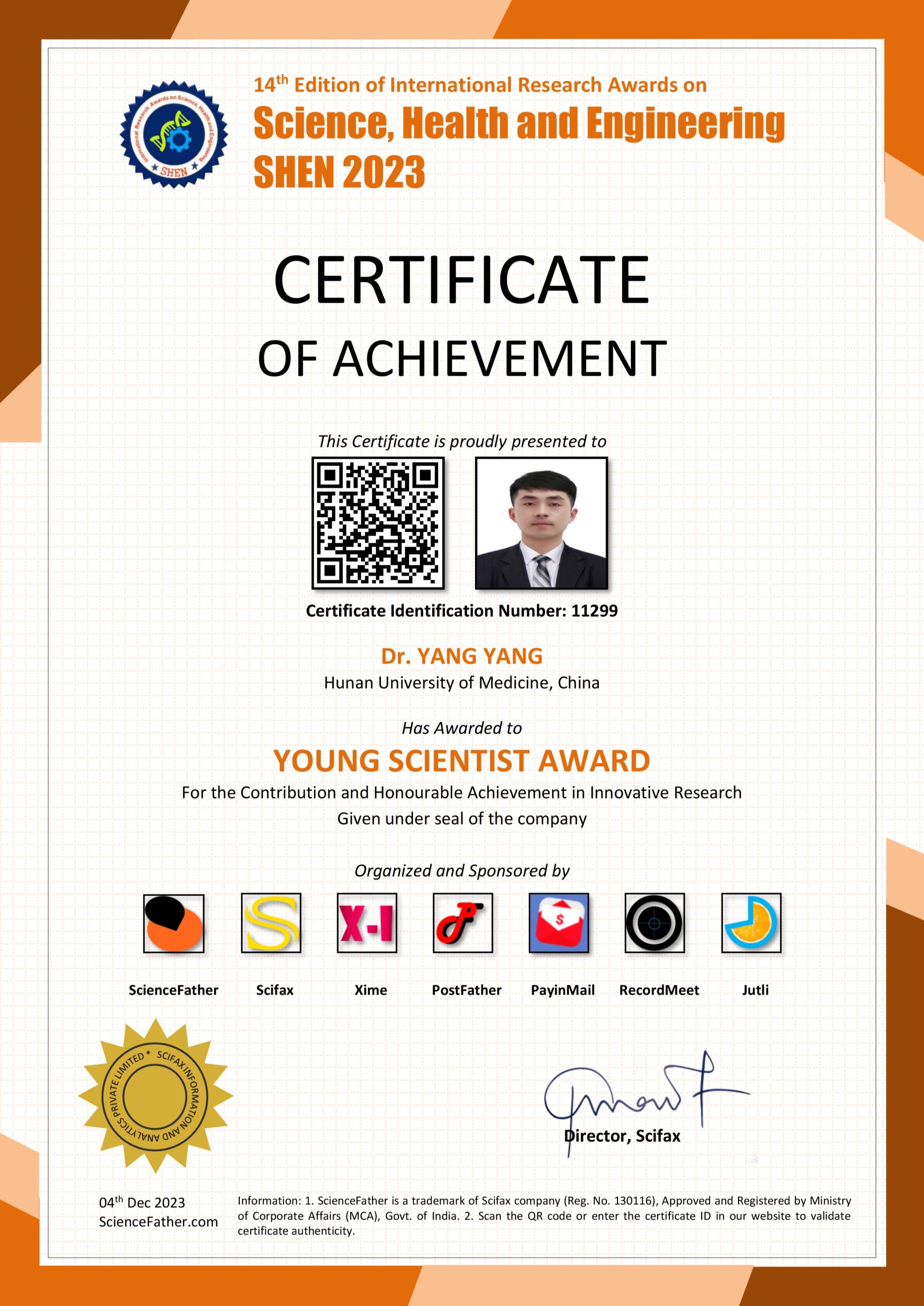 我校青年教师杨洋博士斩获第十四届“International Research Awards on Science, Health and Engineering 2023”青年科学家奖